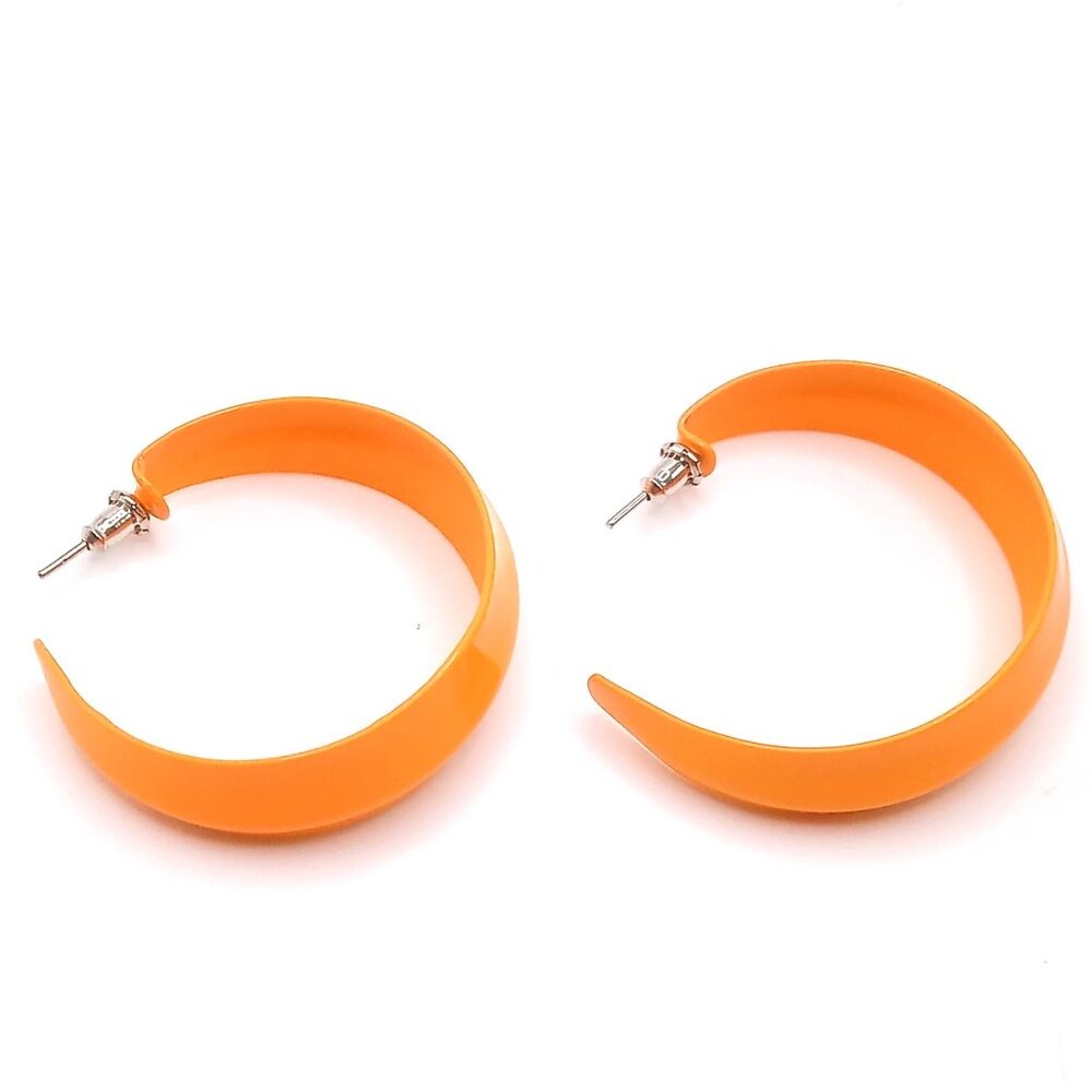 Vintage Earrings Orange Acrylic Crescent Hoop Pierced Ear Earrings 1.75" Length